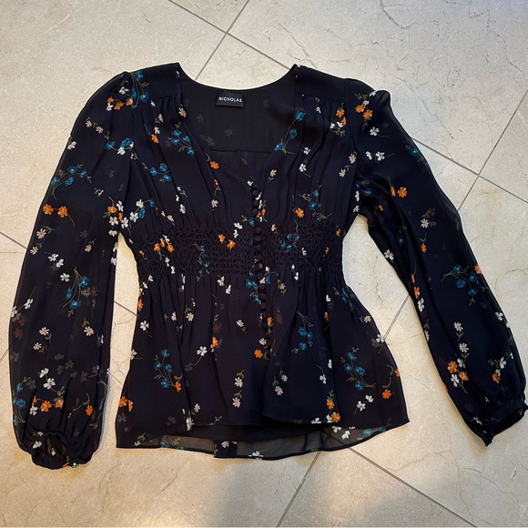 NICHOLAS Black Floral Sheer Blouse Size 2 - Picture 7 of 11
